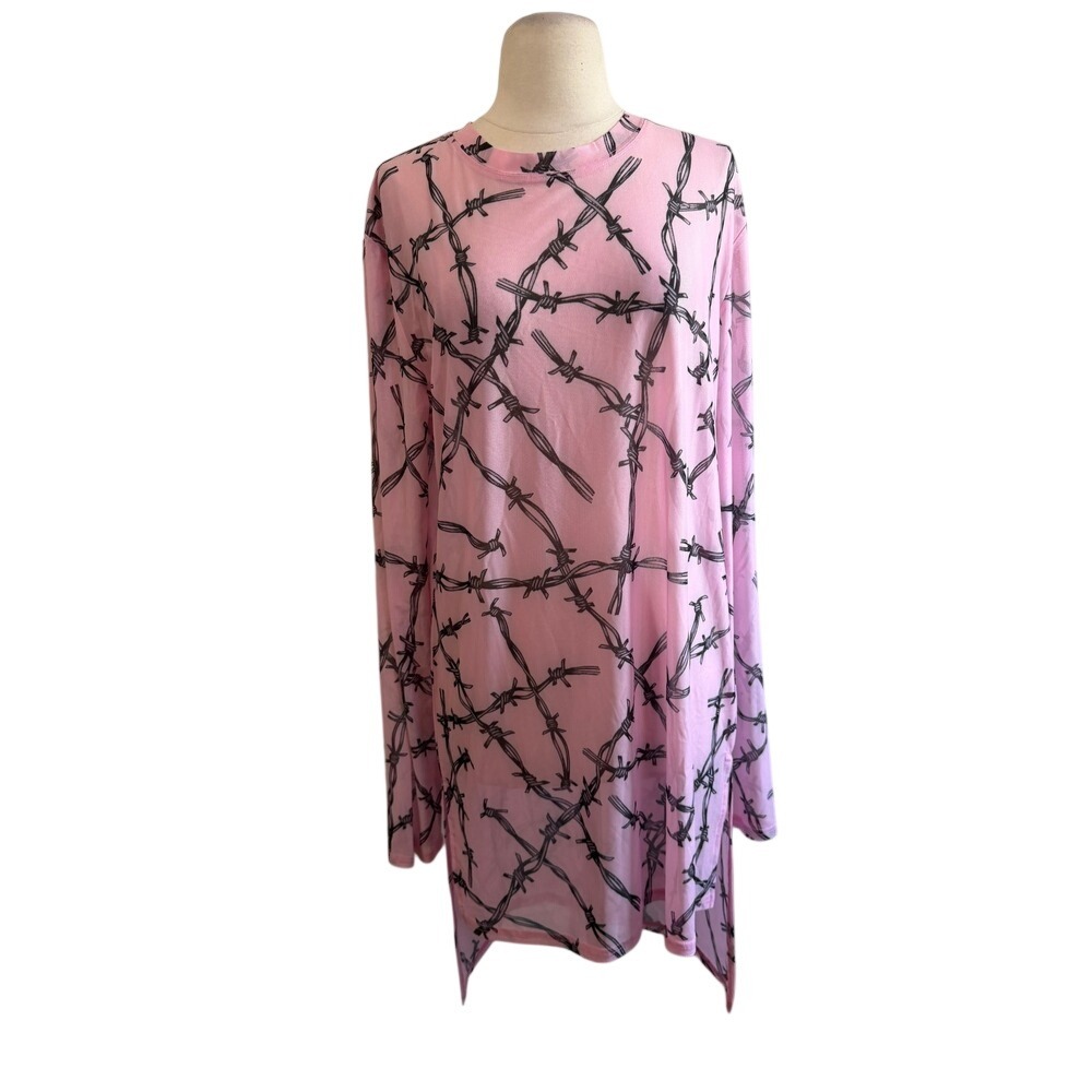 Pink Mesh Barbed Wire Print Long Sleeve Tunic Top Edgy Grunge Streetwear